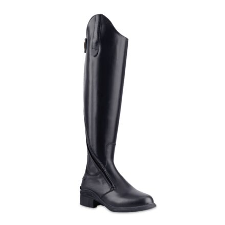 Une chaussure d'équitation noire sur fond blanc