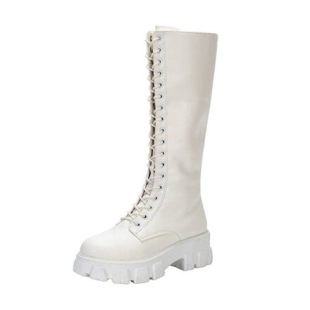 Bottes blanches hautes à lacets croisés et semelle épaisse