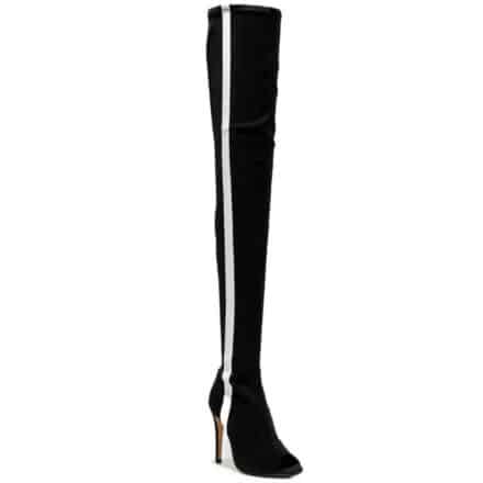 botte haute noire avec un liseret blanc sur toute la longueur, à talon aiguille, présentée seule et sur fond blanc