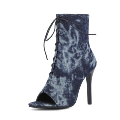 Sandales bottes bleue délavées à talons hauts et lacets pour femme