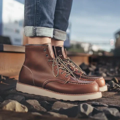 Bottes vintage marron à lacets en cuir fendu pour homme